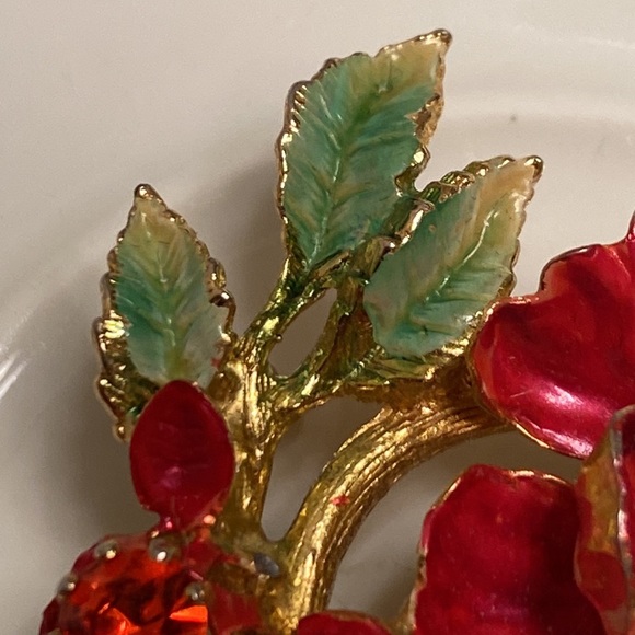 Vintage Made in Austria enamel rhinestone red flower brooch- 2 1/2” x 1 1/2” - Picture 4 of 11